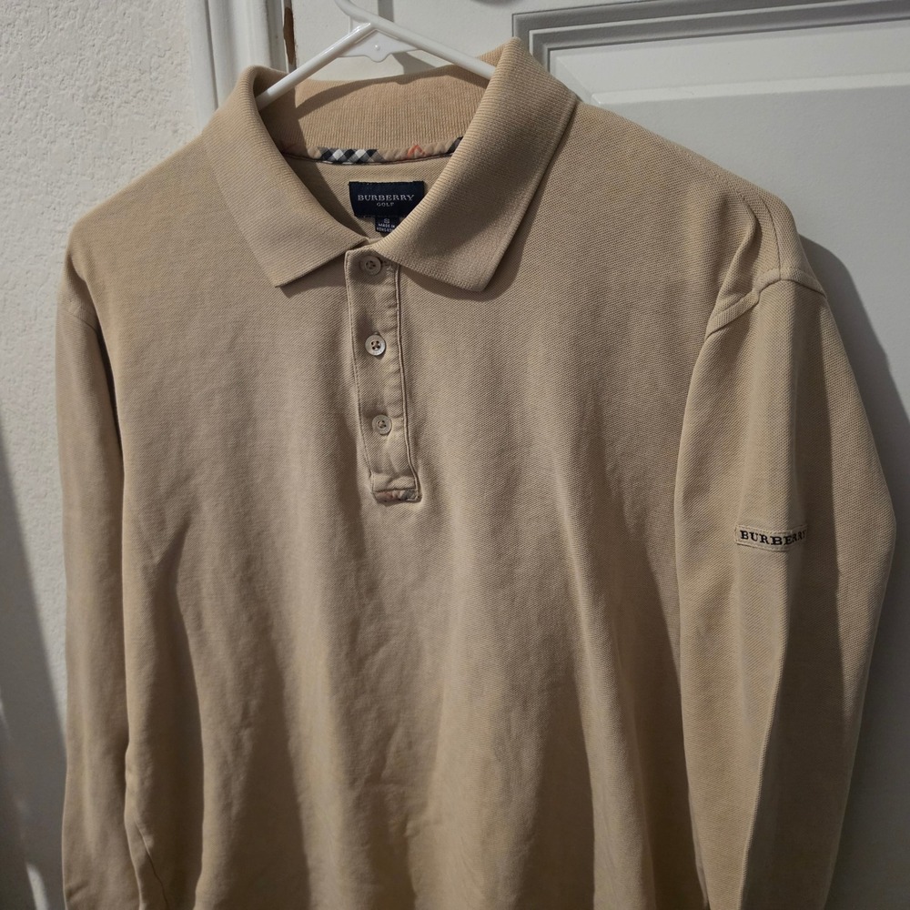 Burberry Golf Mens Long Sleeve Polo Shirt Tan Beige Nova Check Trim Size S